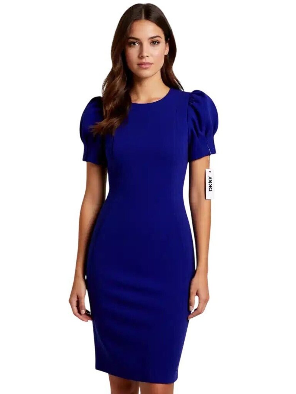 DKNY Blue Puff Sleeve Sheath Dress Royal Cobalt Crepe Size 12 NWT